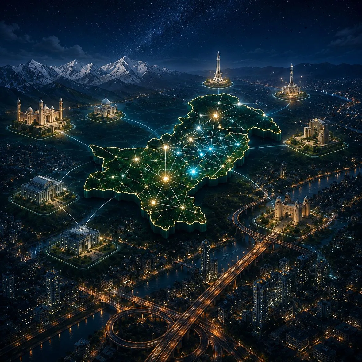 Pakistan’s institutions connected across the country at night