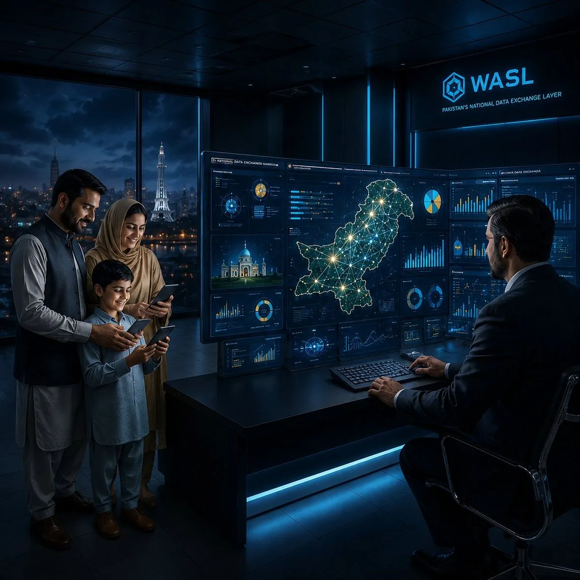 A family using digital services while government operates as one connected system